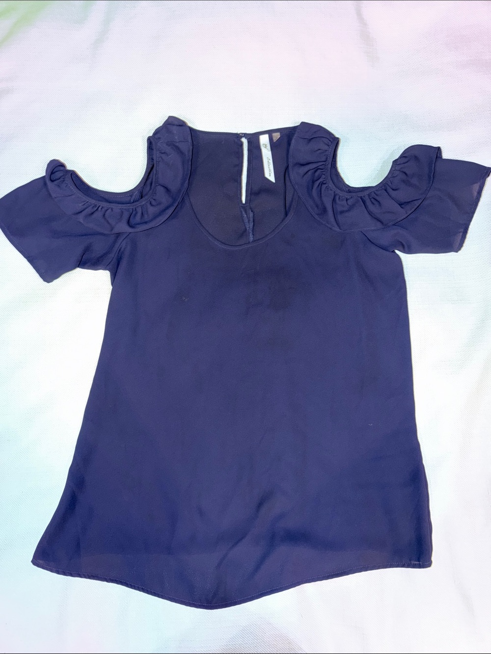 NY Collection Navy Cold-Shoulder Ruffle Blouse